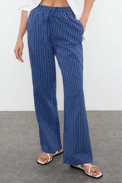 Style Women Fashion Denim Jeans Long Wide Leg Linen Blend High Waist Striped Trousers