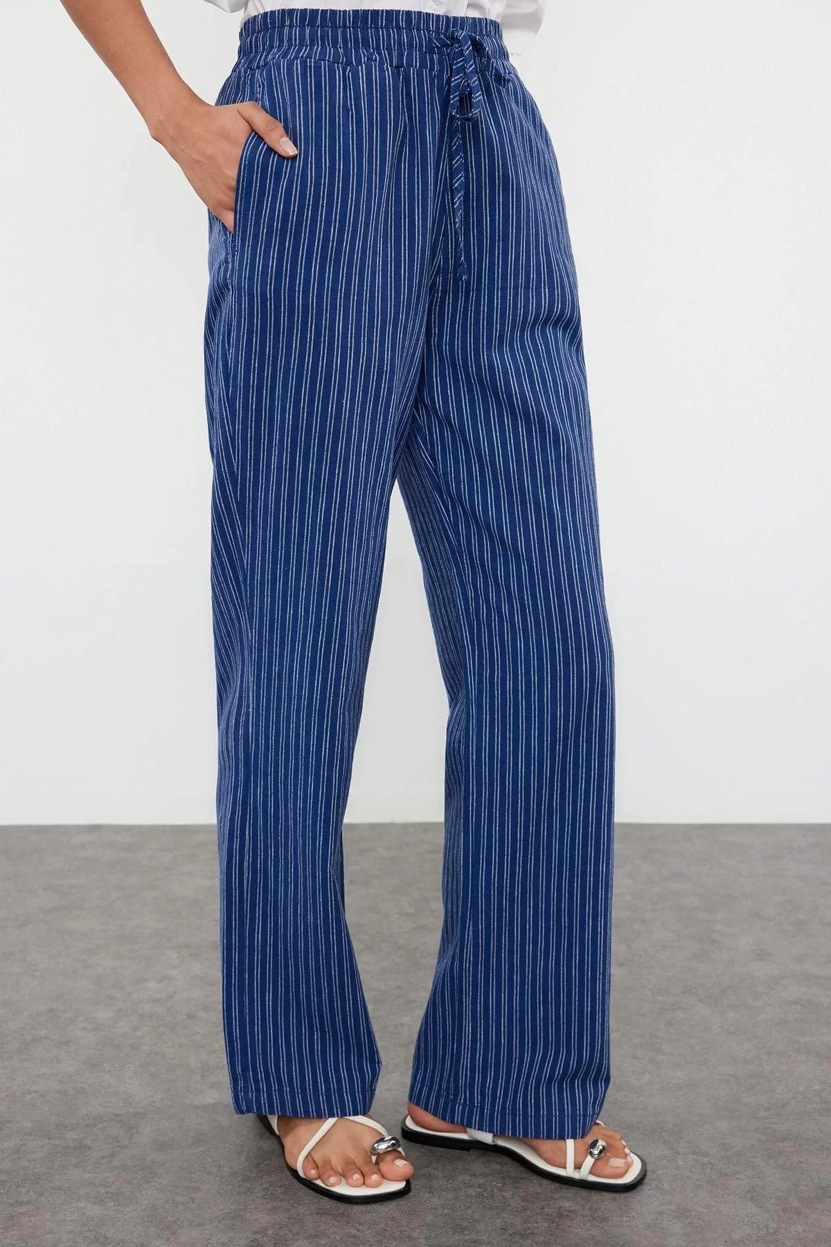 Style Women Fashion Denim Jeans Long Wide Leg Linen Blend High Waist Striped Trousers