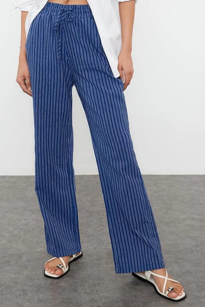 Style Women Fashion Denim Jeans Long Wide Leg Linen Blend High Waist Striped Trousers