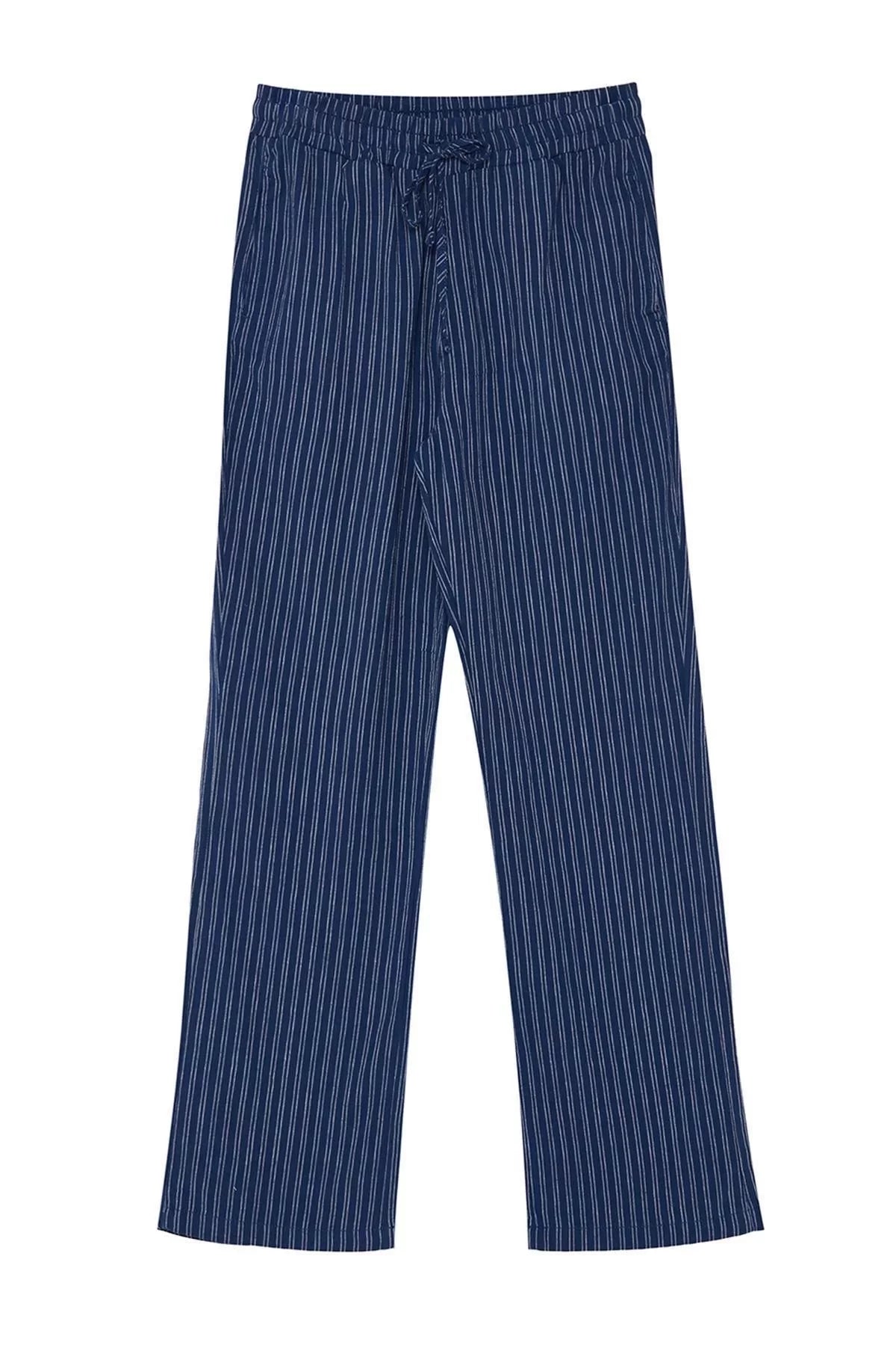 Style Women Fashion Denim Jeans Long Wide Leg Linen Blend High Waist Striped Trousers