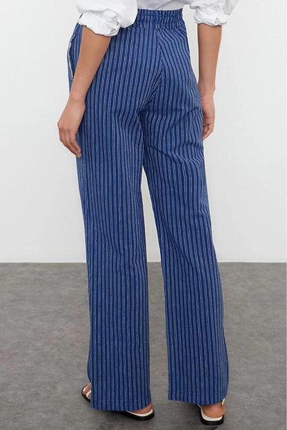 Style Women Fashion Denim Jeans Long Wide Leg Linen Blend High Waist Striped Trousers