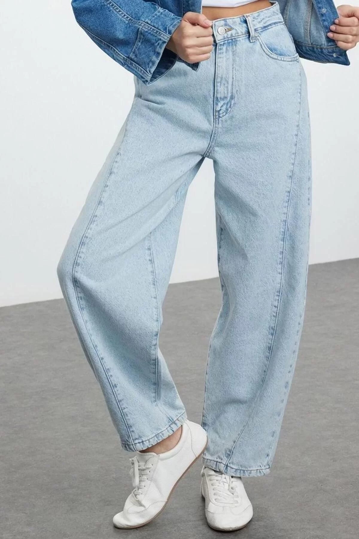 Style Women Fashion Denim Jeans Pants Long Straight Leg Blue Stitching Detail High Waist Jeans