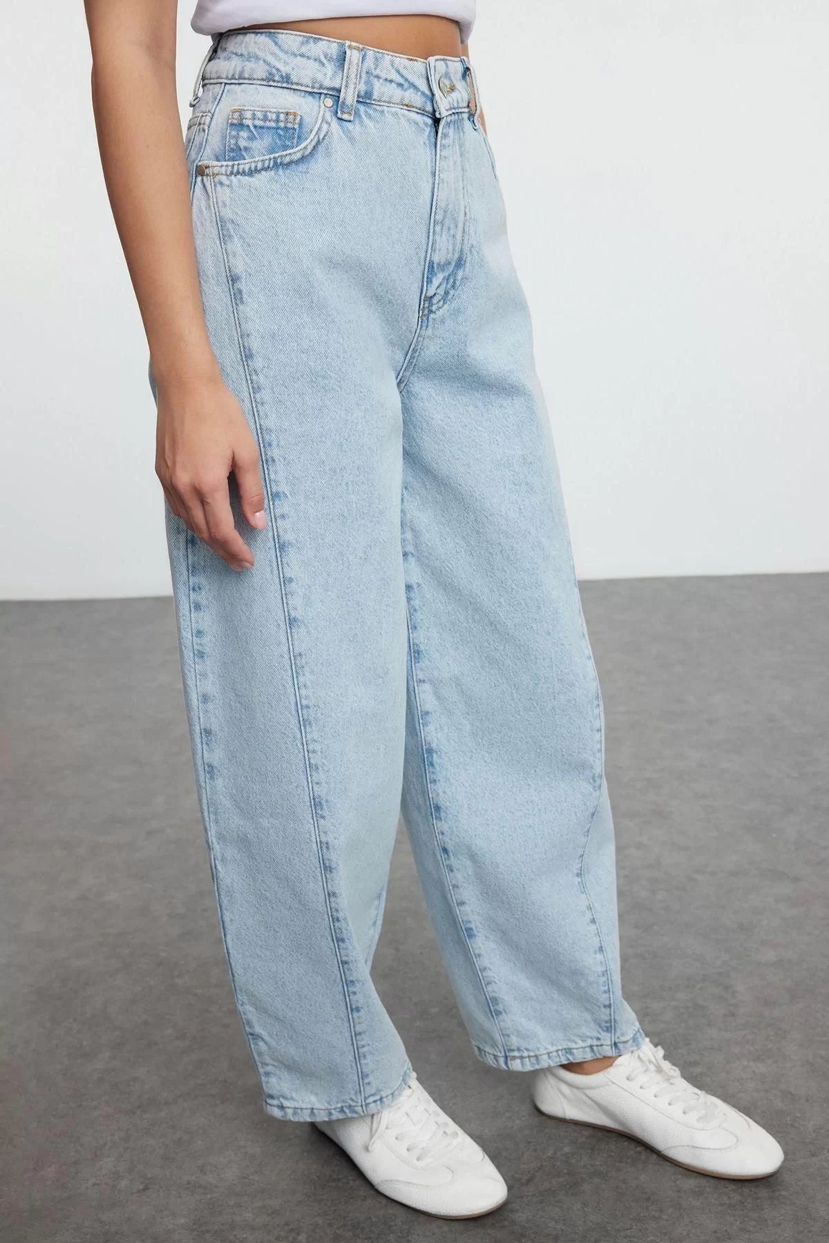 Style Women Fashion Denim Jeans Pants Long Straight Leg Blue Stitching Detail High Waist Jeans