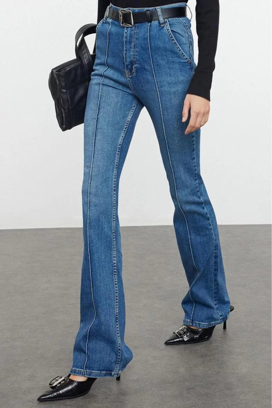 Style Women Fashion Denim Jeans Long Flared Blue Ribbed High Waist Jeans