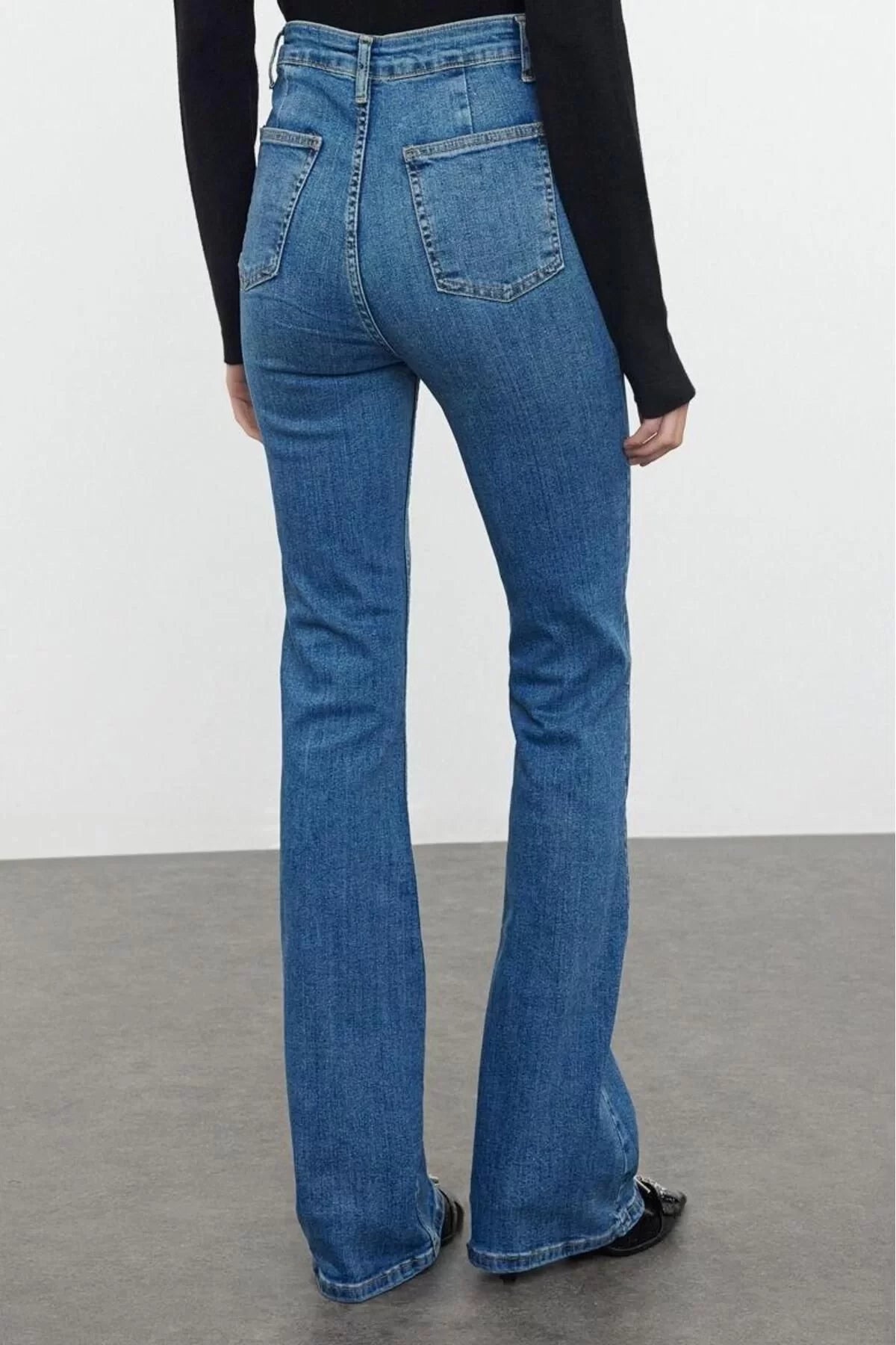 Style Women Fashion Denim Jeans Long Flared Blue Ribbed High Waist Jeans