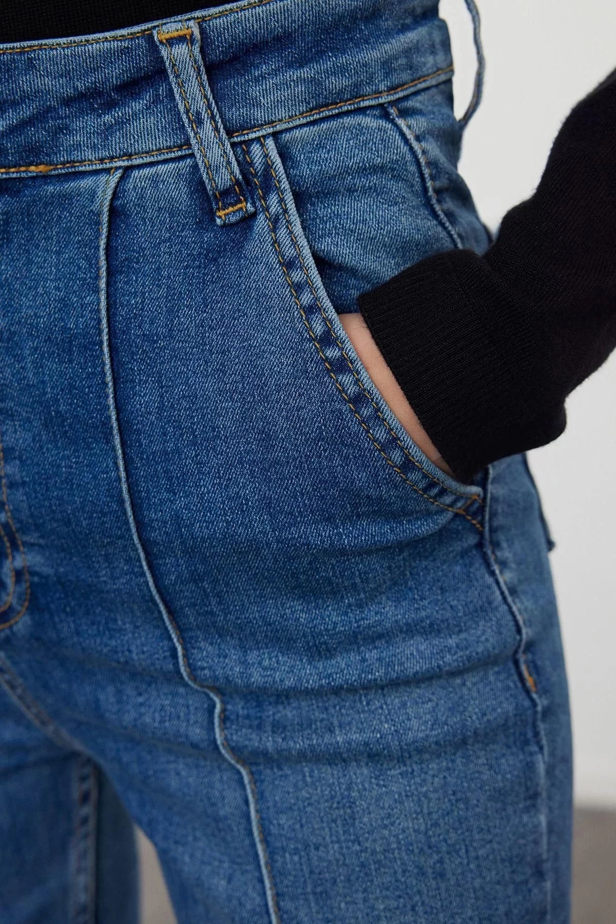 Style Women Fashion Denim Jeans Long Flared Blue Ribbed High Waist Jeans