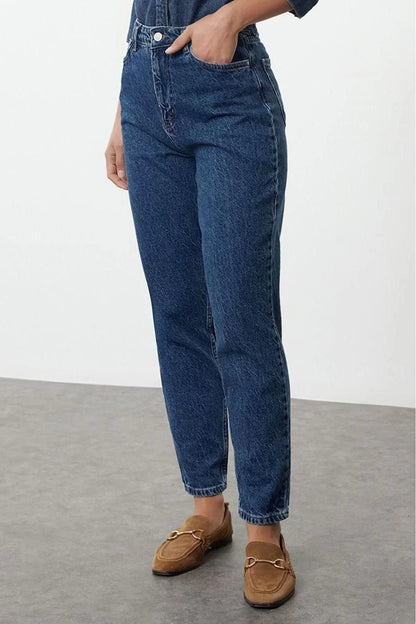 Style Women Fashion Denim Jeans Pants Long Straight Leg Blue High Waist Mom Jeans