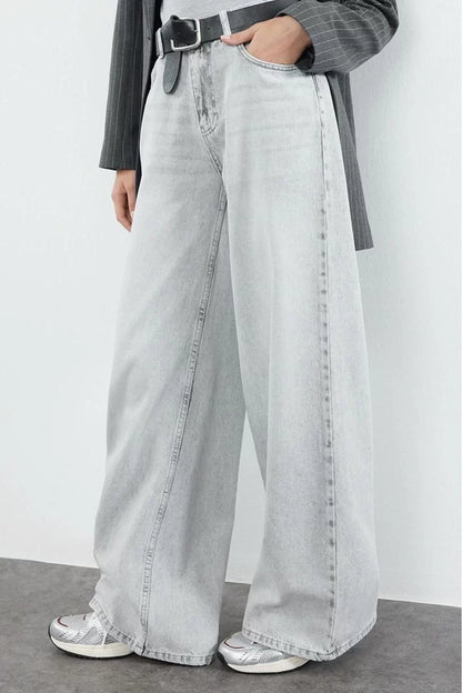 Style Women Fashion Denim Jeans Pants Long Wide Leg Gray High Waist Extra Palazzo Jeans