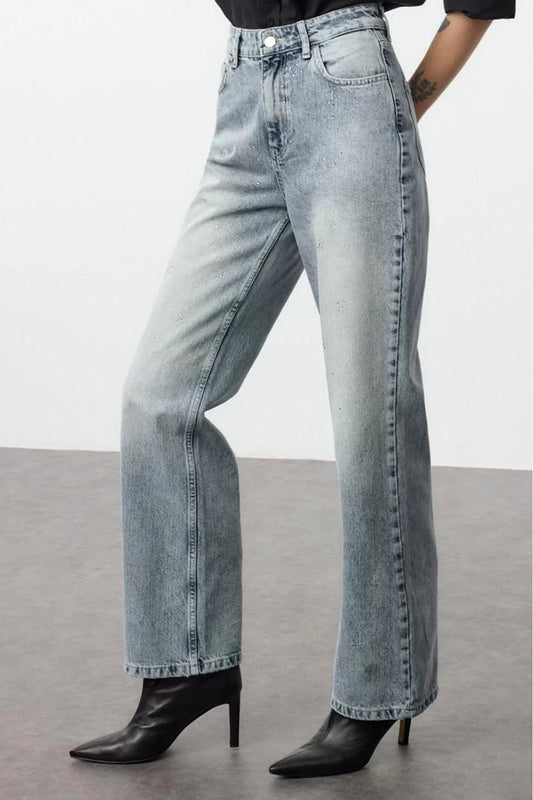 Style Women Fashion Denim Jeans Long Wide Leg Blue Stoned High Waist Jeans