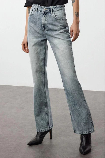 Style Women Fashion Denim Jeans Long Wide Leg Blue Stoned High Waist Jeans