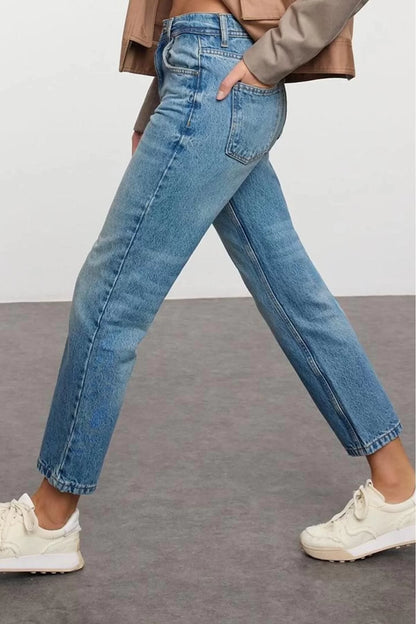 Style Women Fashion Denim Jeans Pants Long Straight Leg Blue High Waist Straight Jeans