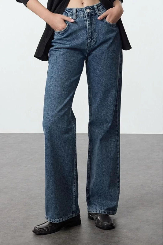 Style Women Fashion Denim Jeans Pants Long Wide Leg Blue High Waist Jeans