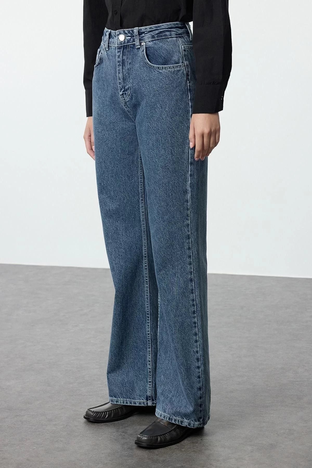 Style Women Fashion Denim Jeans Pants Long Wide Leg Blue High Waist Jeans