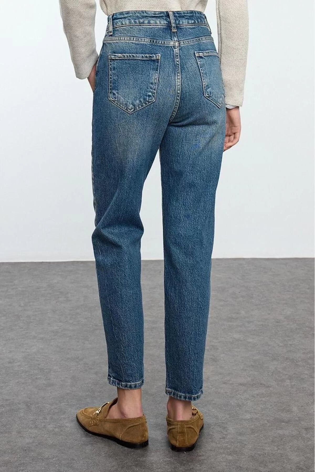 Style Women Fashion Denim Jeans Pants Long Straight Leg Blue Faded Vintage High Waist Slim Mom Jeans