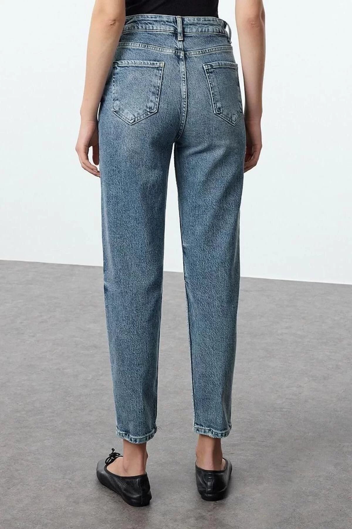 Style Women Fashion Denim Jeans Pants Long Straight Leg Blue Faded Vintage High Waist Slim Mom Jeans