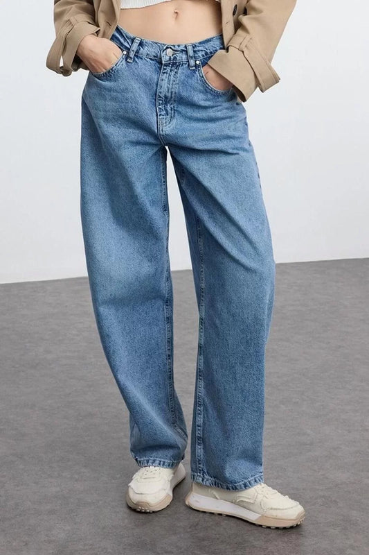 Style Women Fashion Denim Jeans Long Wide Leg Blue High Waist Skater Jeans