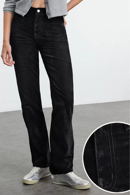 Style Women Fashion Denim Jeans Pants Regular Straight Leg Suede Look High Waist Straight Jeans