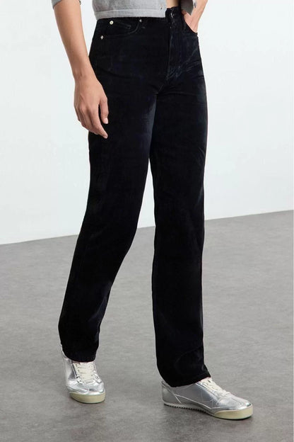 Style Women Fashion Denim Jeans Pants Regular Straight Leg Suede Look High Waist Straight Jeans