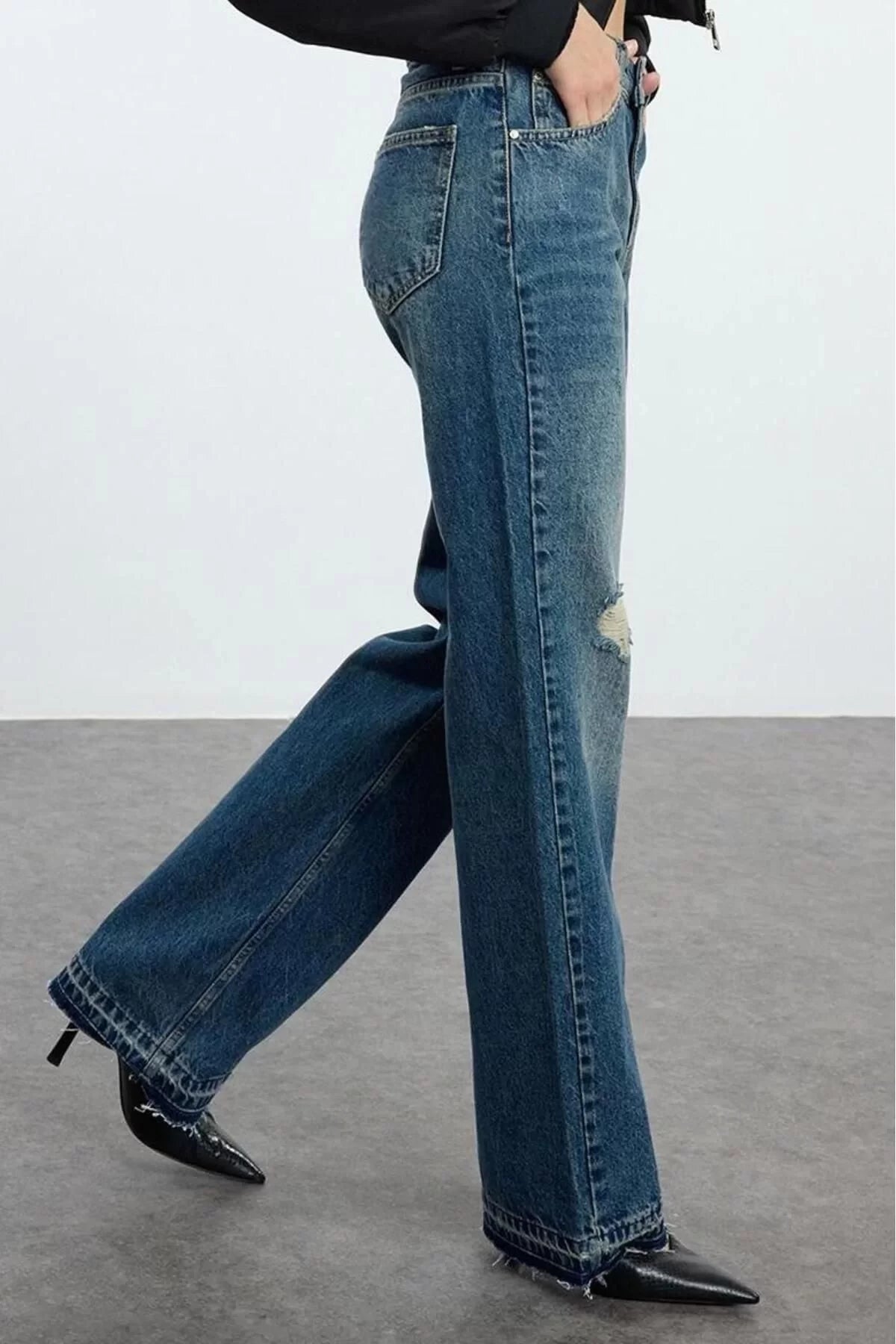 Style Women Fashion Denim Jeans Pants Long Wide Leg Ripped Normal Waist Jeans