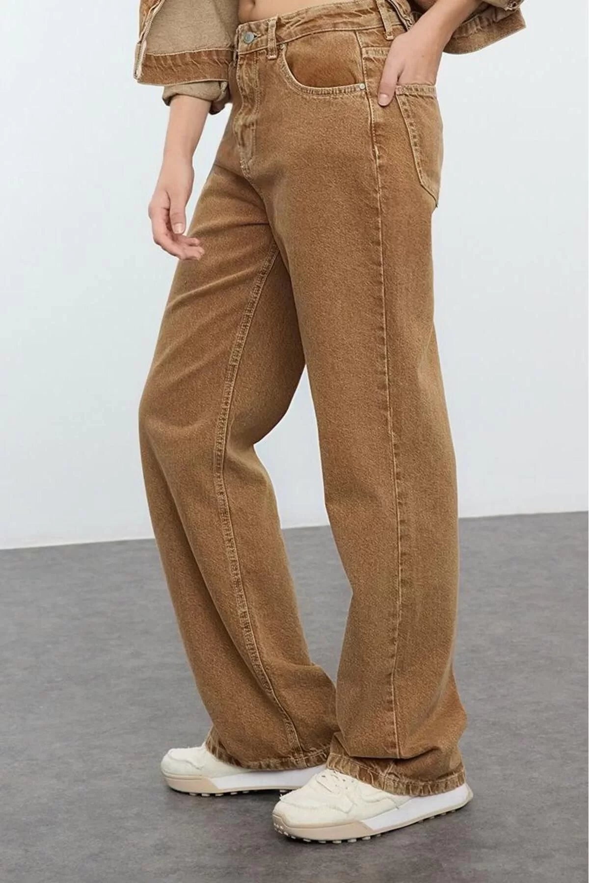 Style Women Fashion Denim Jeans Pants Long Wide Leg Brown High Waist Jeans