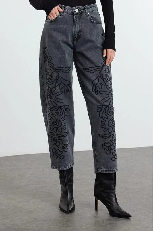 Style Women Fashion Denim Jeans Pants Long Wide Leg Blue Embroidered High Waist Balloon Jeans