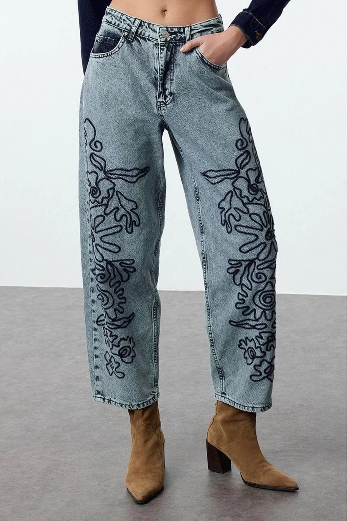 Style Women Fashion Denim Jeans Pants Long Wide Leg Blue Embroidered High Waist Balloon Jeans