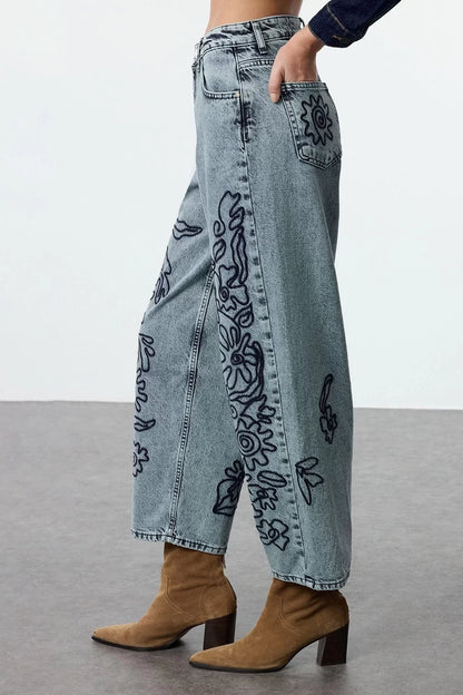 Style Women Fashion Denim Jeans Pants Long Wide Leg Blue Embroidered High Waist Balloon Jeans