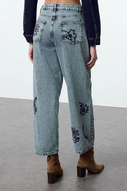 Style Women Fashion Denim Jeans Pants Long Wide Leg Blue Embroidered High Waist Balloon Jeans