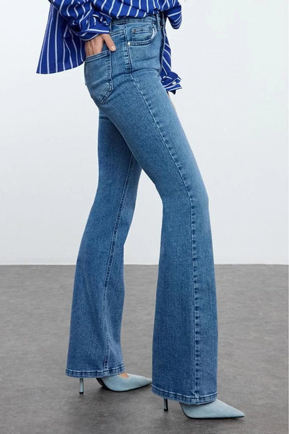 Style Women Fashion Denim Jeans Long Flared Leg High Waist Jeans