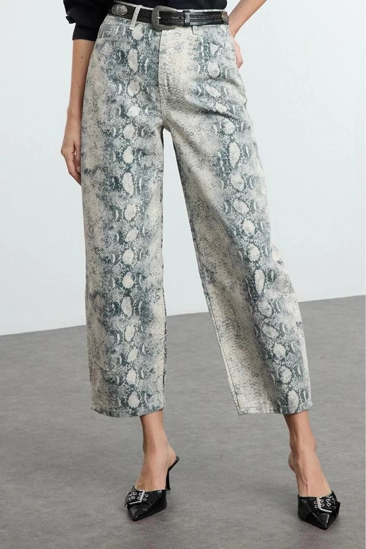 Style Women Fashion Denim Jeans Long Wide Leg Snake Pattern High Waist Jeans