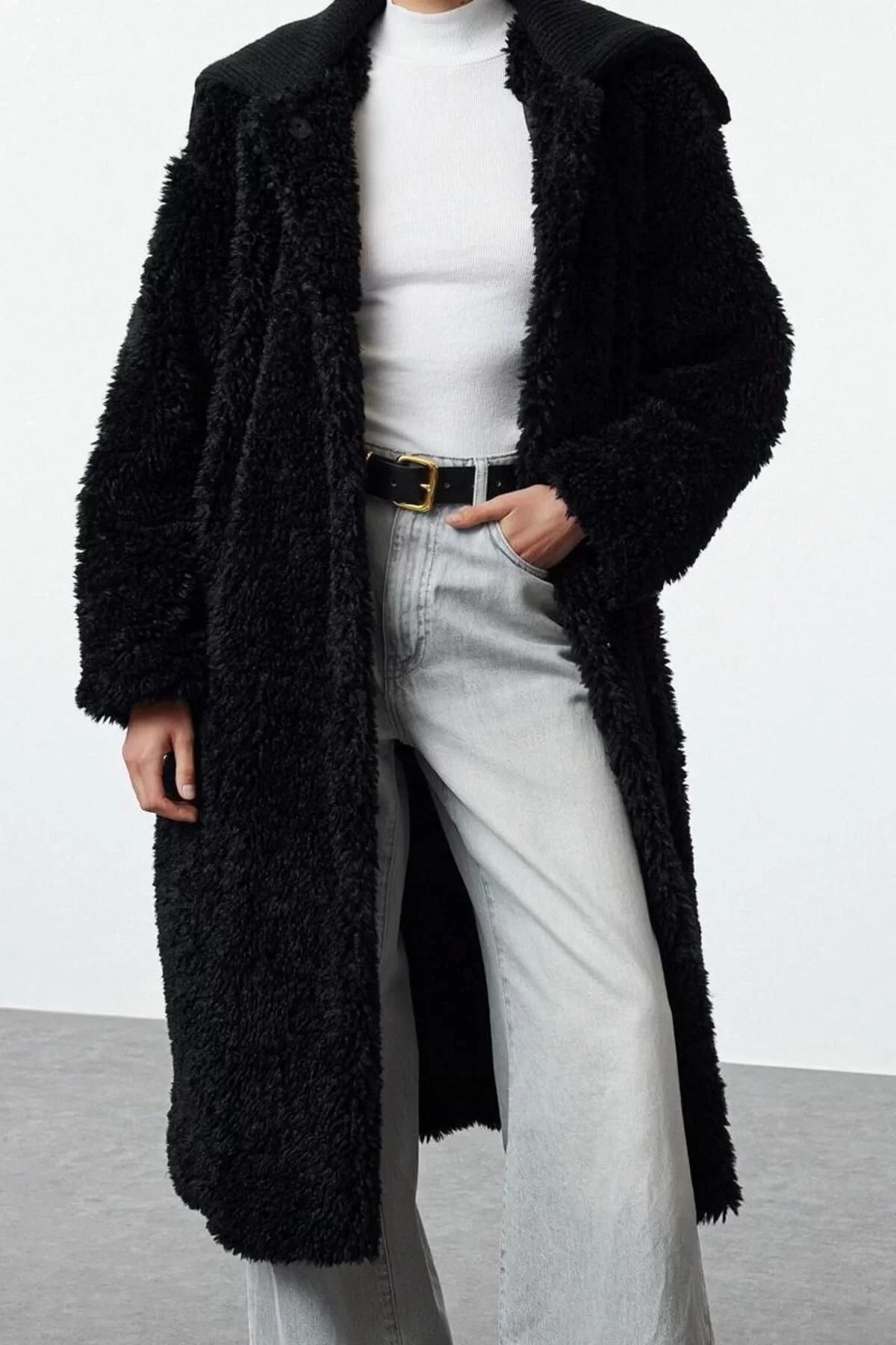 Design Plain Lined Collar Long Loose Jacket Women Black Oversize Plush Coat