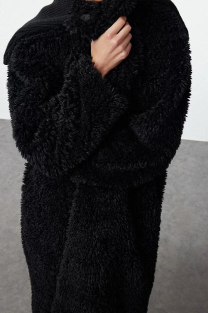 Design Plain Lined Collar Long Loose Jacket Women Black Oversize Plush Coat