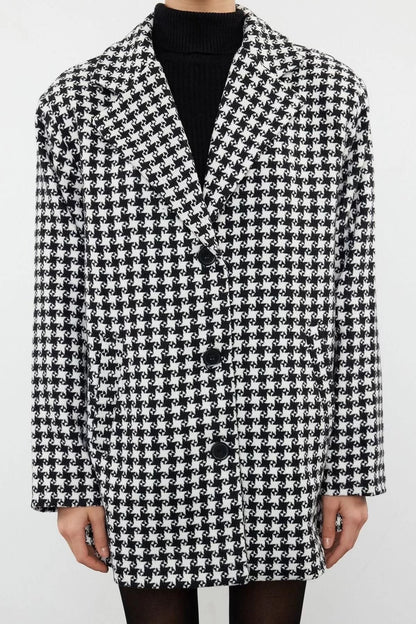 Design Houndstooth Lined Collar Standard Loose Shirt Women's Oversize Wool Wide Cut Houndstooth Coat