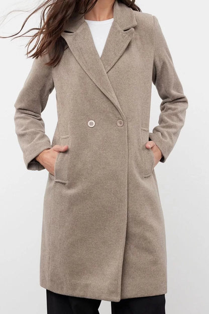 Design Plain Lined Collar Long Regular Jacket Women Double Breasted Regular Woolen Midi Coat