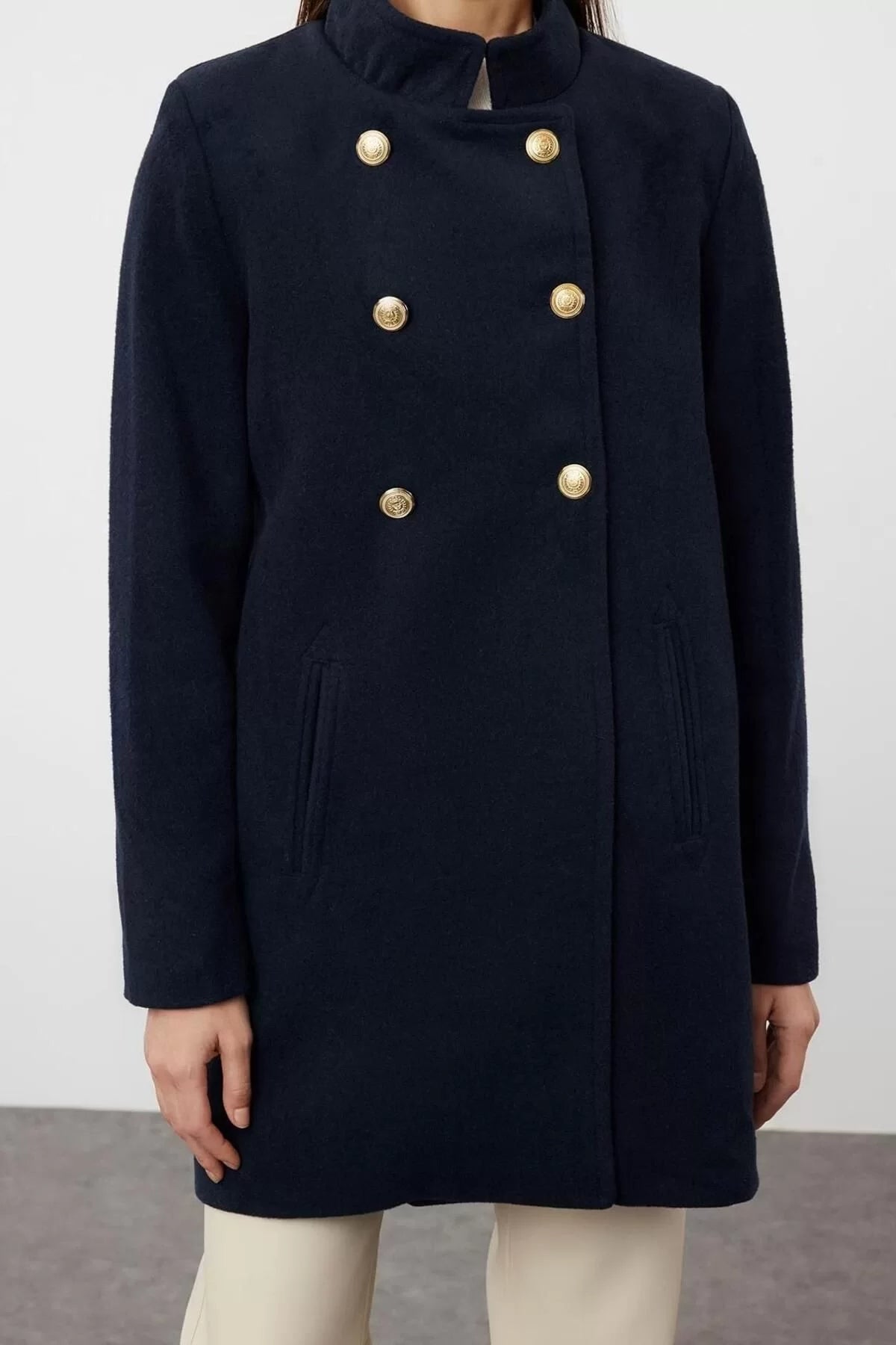 Design Plain Lined Collar Midi Regular Jacket Women Button Detailed Regular Woolen Midi Coat