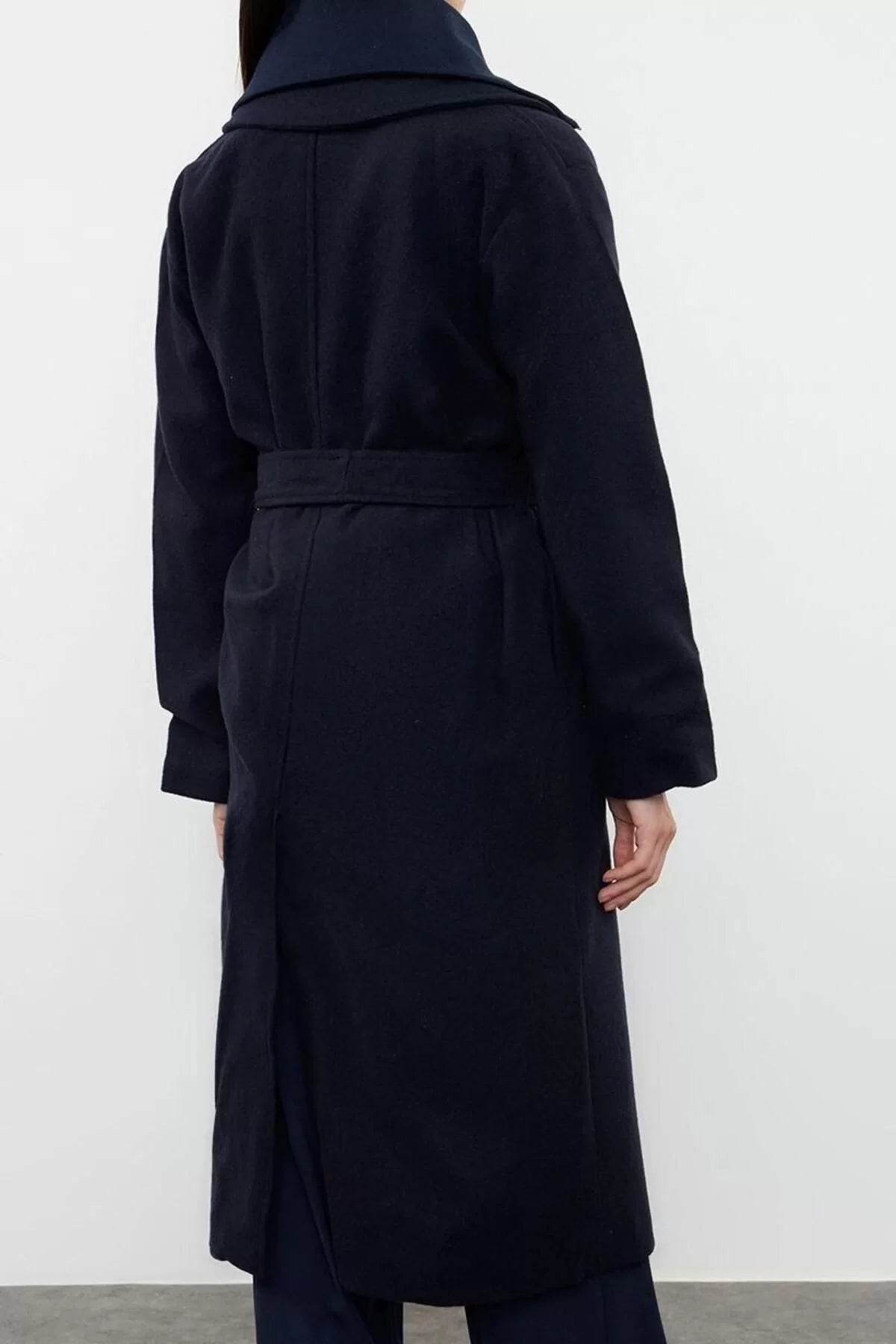 Design Plain Lined Collar Long Loose Double Breasted Women's Oversize Wool Coat with Knitwear Detail