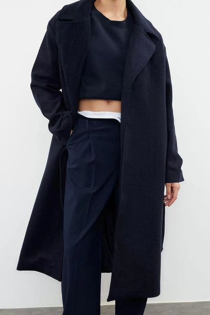 Design Plain Lined Collar Long Loose Double Breasted Women's Oversize Wool Coat with Knitwear Detail