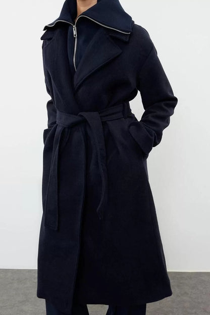 Design Plain Lined Collar Long Loose Double Breasted Women's Oversize Wool Coat with Knitwear Detail