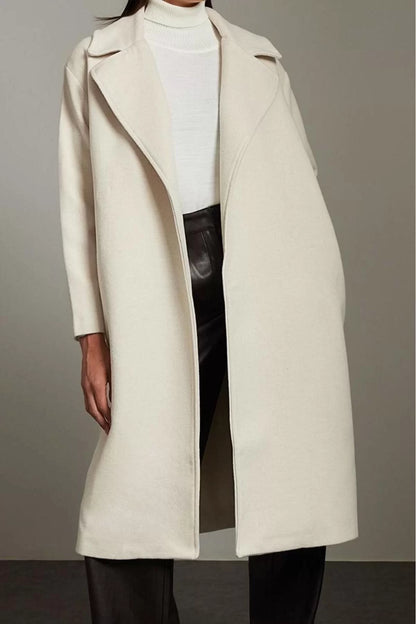 Design Plain Lined Collar Long Loose Double Breasted Women's Oversize Wool Coat with Knitwear Detail