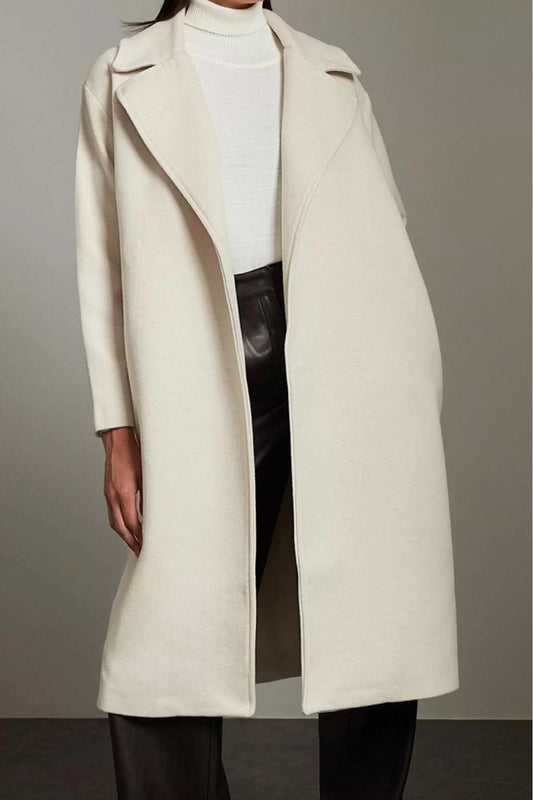 Design Plain Lined Collar Long Loose Double Breasted Women's Oversize Wool Coat with Knitwear Detail