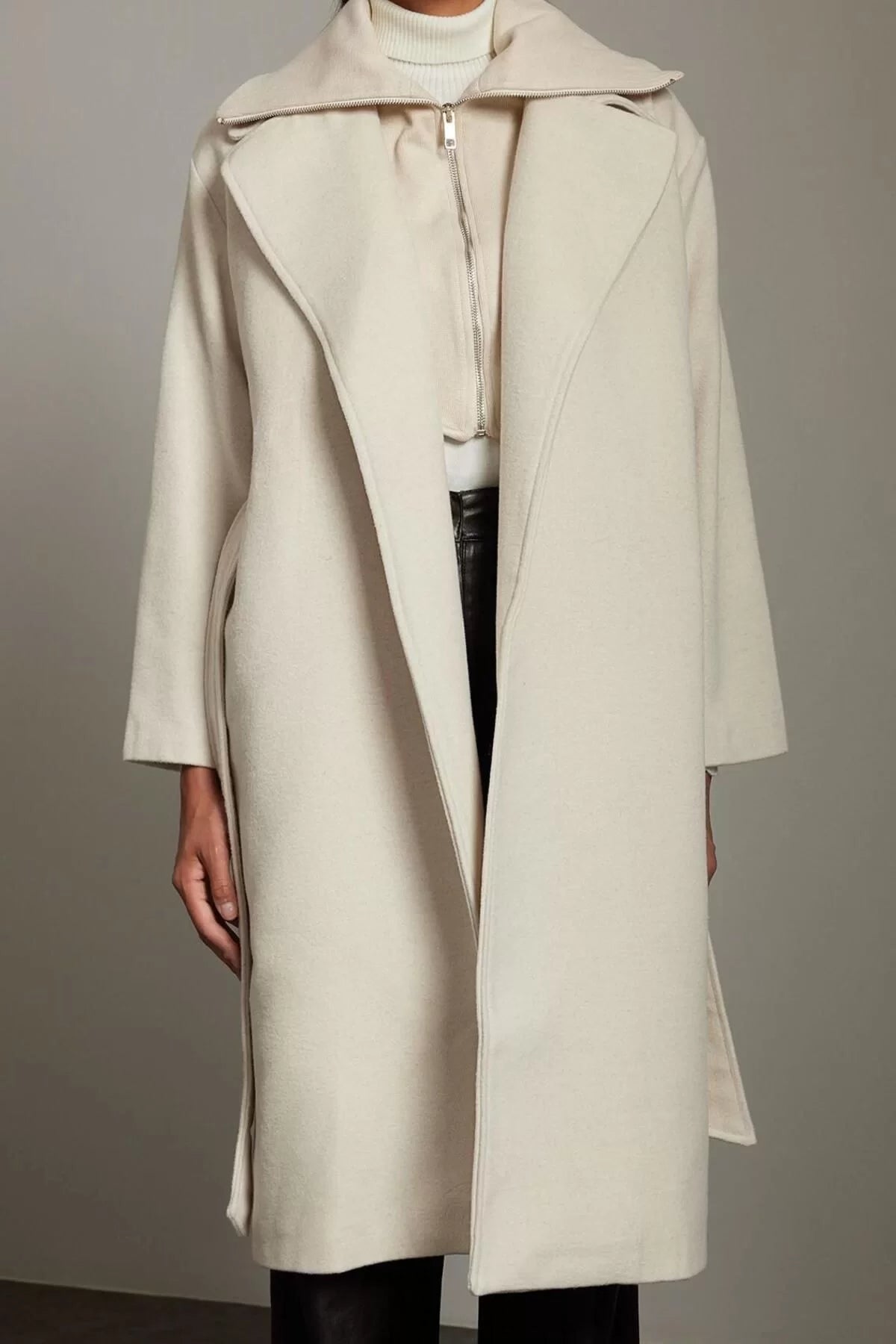 Design Plain Lined Collar Long Loose Double Breasted Women's Oversize Wool Coat with Knitwear Detail