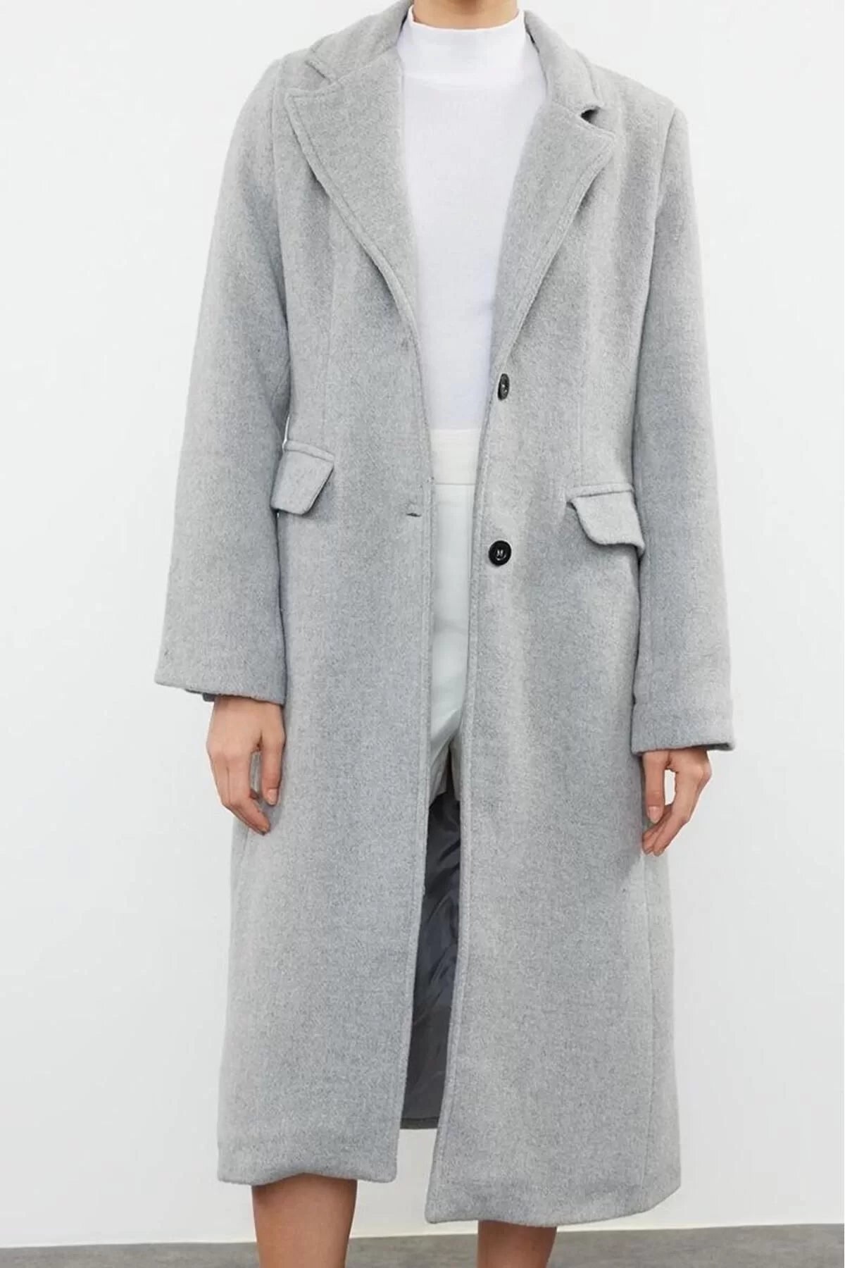 Design Plain Lined Collar Long Regular Jacket Women's Woolen Soft Textured Waist-Sit Coat