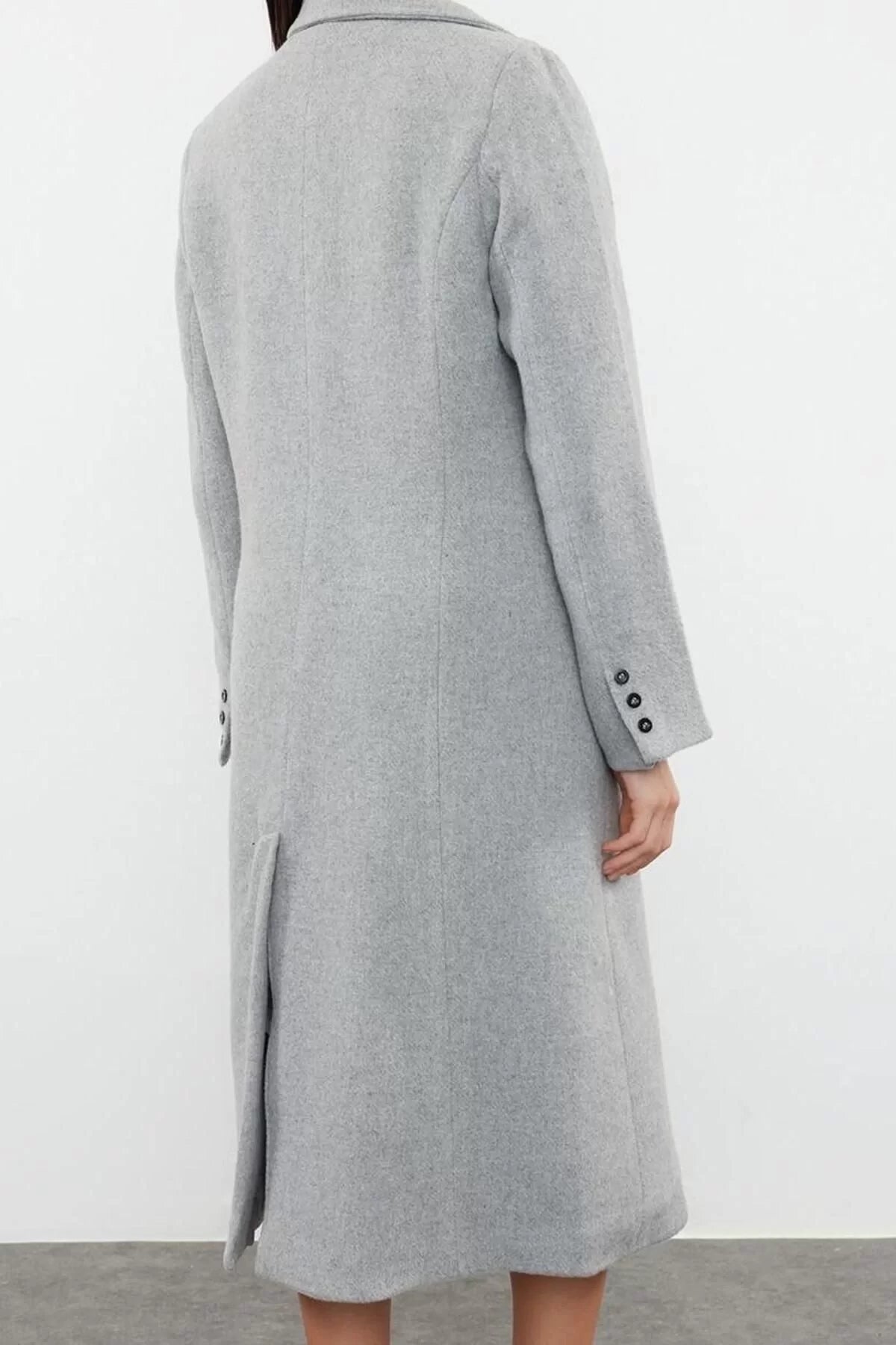 Design Plain Lined Collar Long Regular Jacket Women's Woolen Soft Textured Waist-Sit Coat