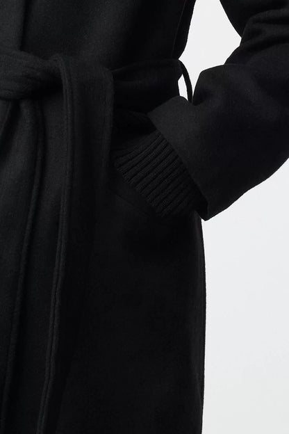 Design Plain Lined Collar Long Loose Jacket Women Accessory Detailed Padded Oversize Belted Wool Coat