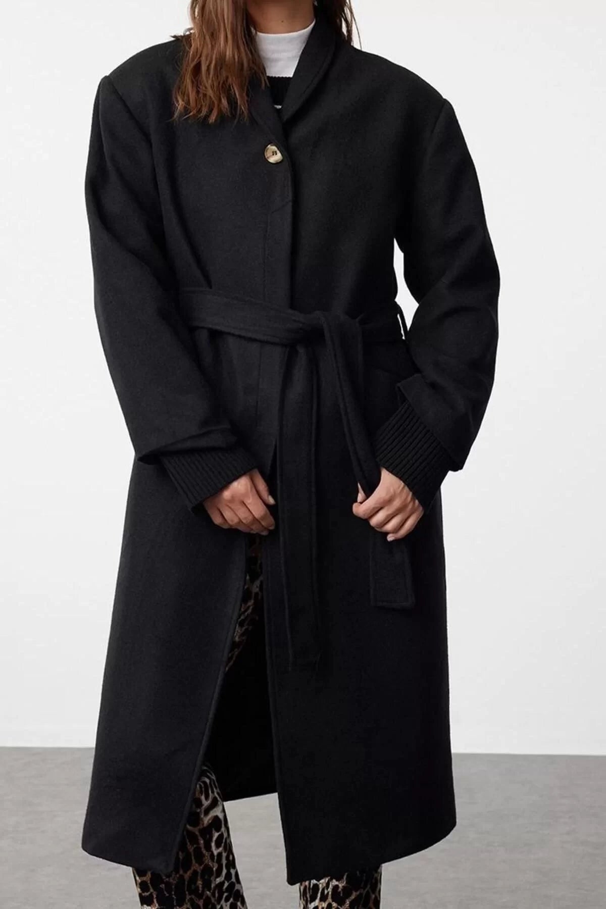 Design Plain Lined Collar Long Loose Jacket Women Accessory Detailed Padded Oversize Belted Wool Coat