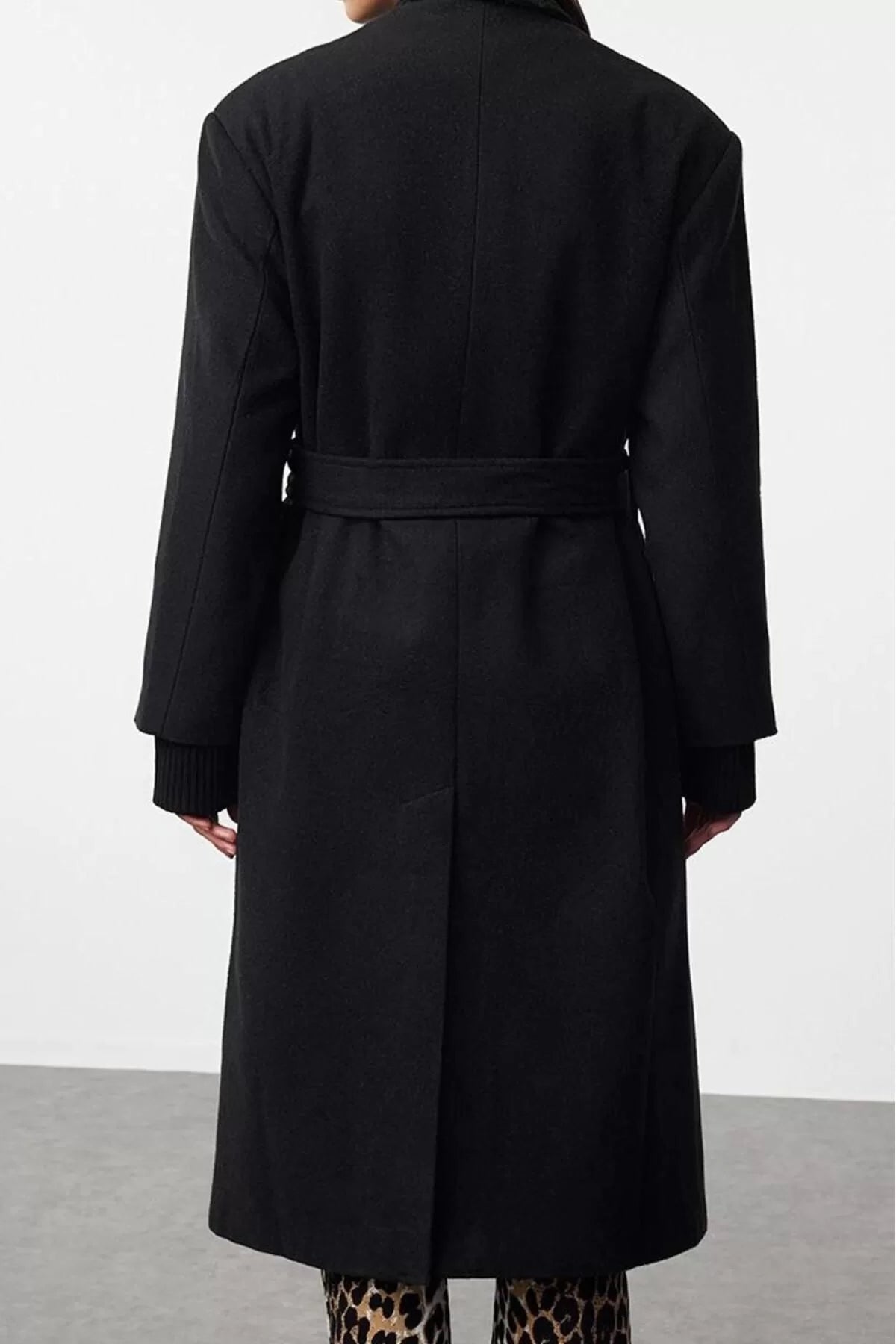 Design Plain Lined Collar Long Loose Jacket Women Accessory Detailed Padded Oversize Belted Wool Coat