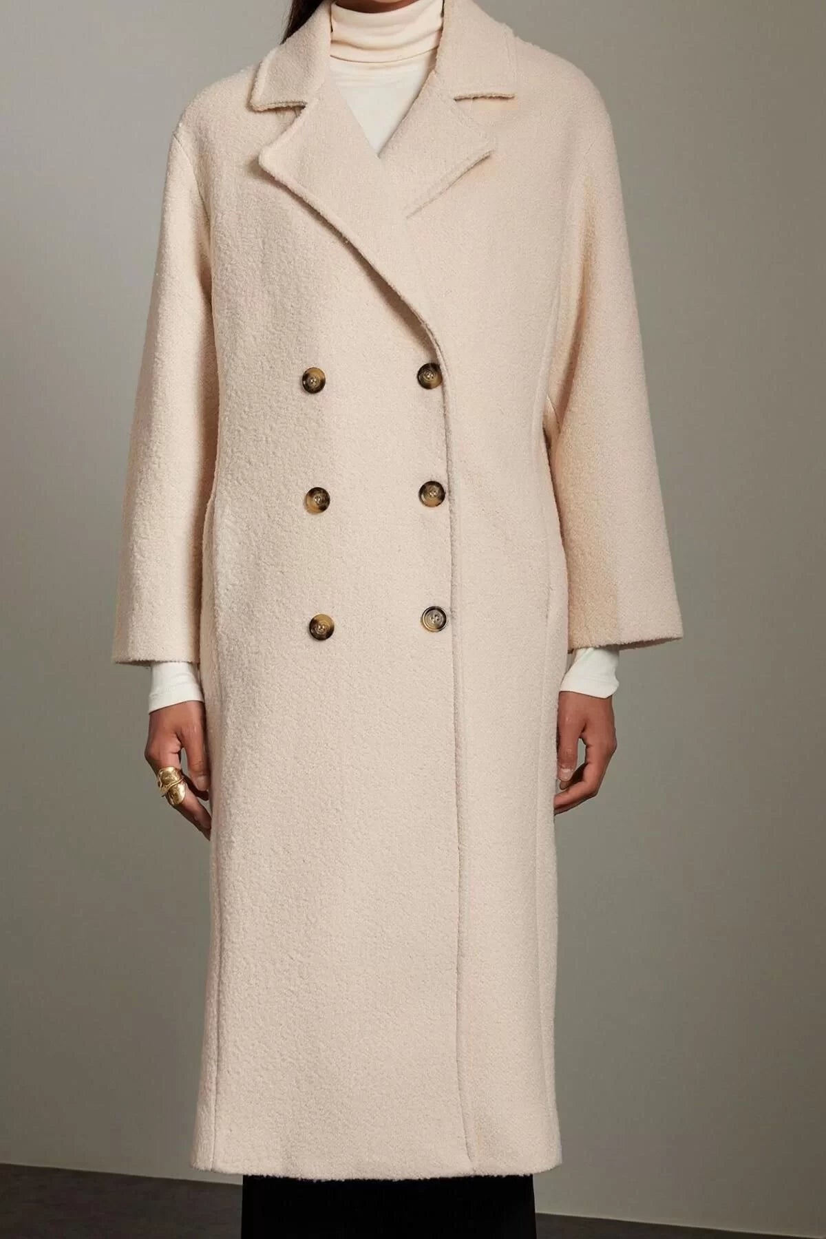 Design Plain Lined Collar Long Regular Jacket Women Boucle Regular Long Coat