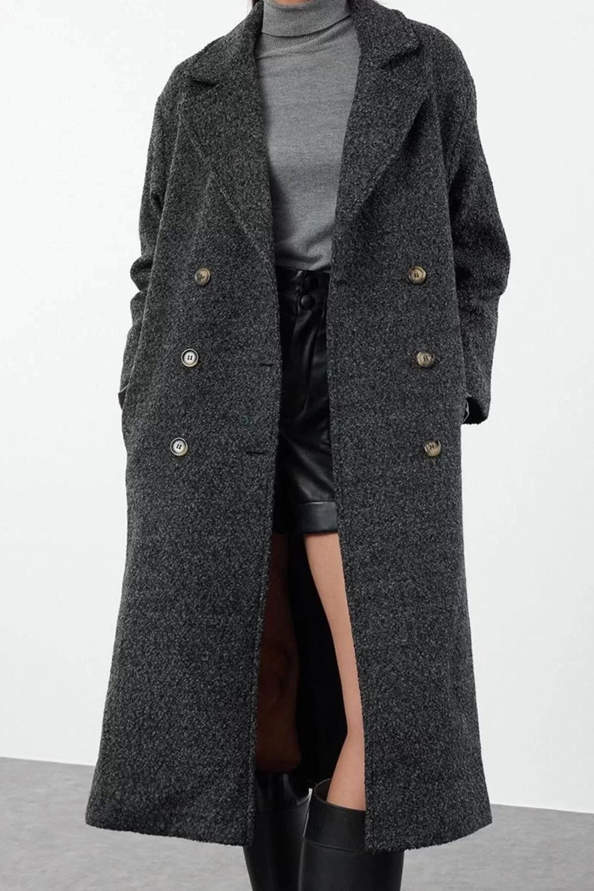 Design Plain Lined Collar Long Regular Jacket Women Boucle Regular Long Coat