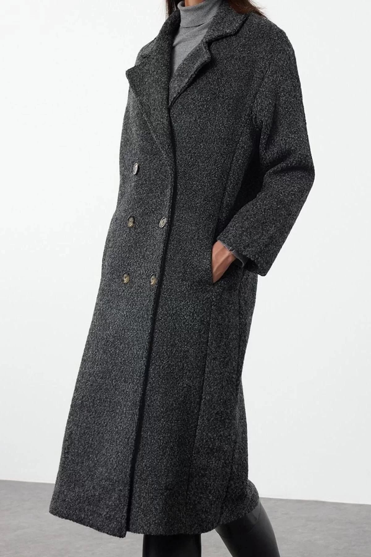 Design Plain Lined Collar Long Regular Jacket Women Boucle Regular Long Coat