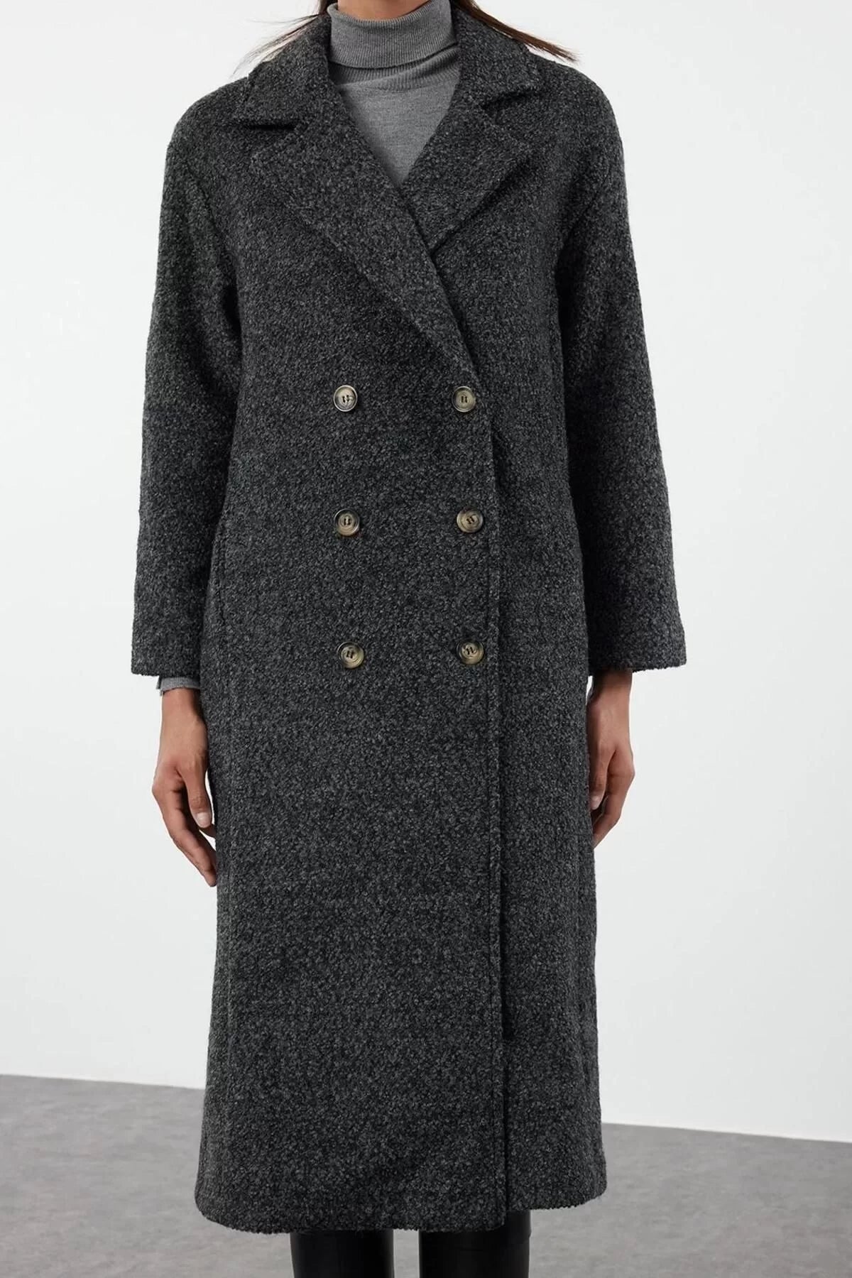 Design Plain Lined Collar Long Regular Jacket Women Boucle Regular Long Coat